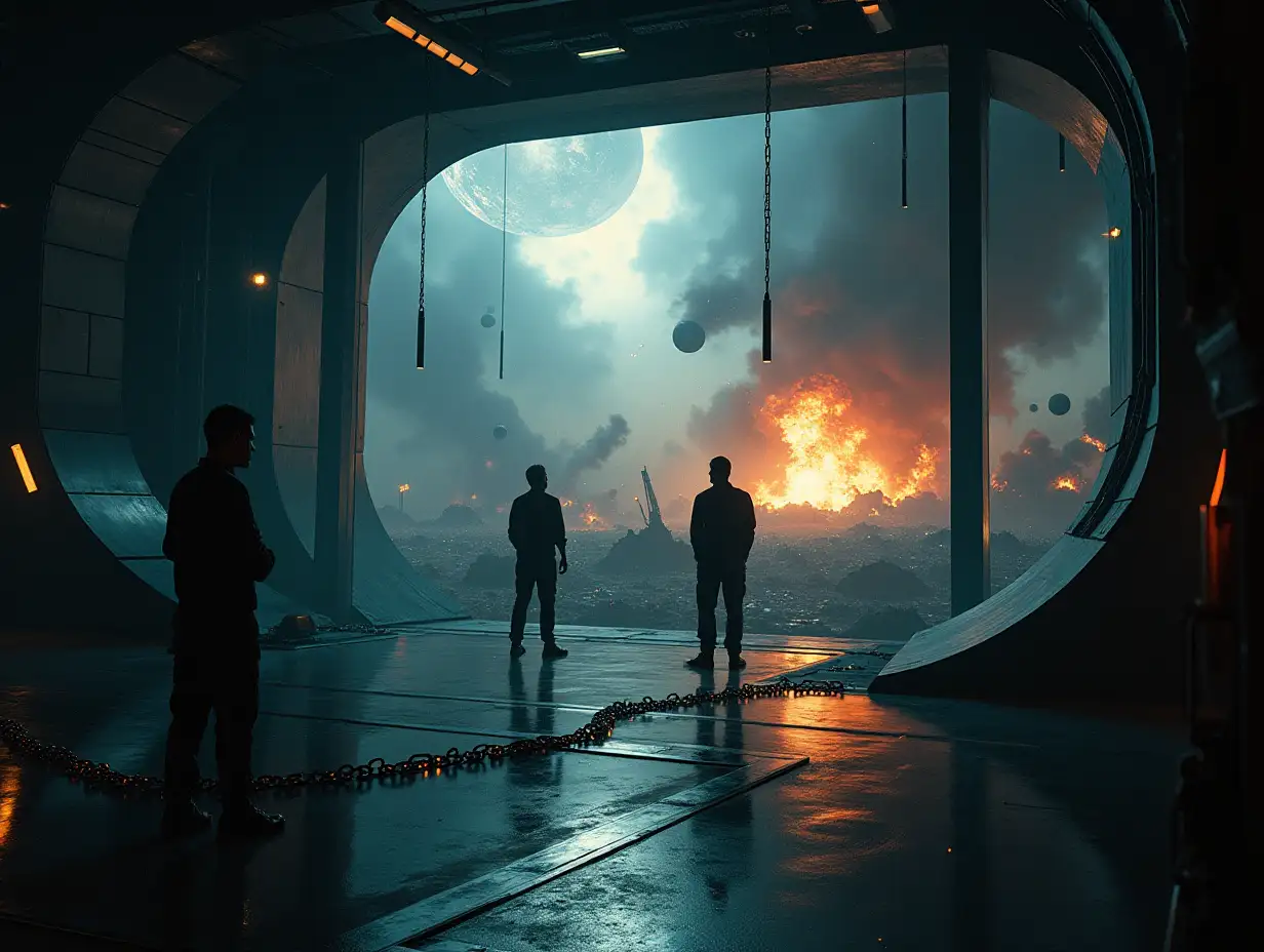 A cinematic science-fiction artwork showing a futuristic zero-gravity prison in space. The prisoners, shackled by glowing metallic chains to the floor, are floating helplessly due to the lack of gravity. The prison itself is a high-tech, fortified structure, fully stable and unaffected by the chaos outside. Through the massive, reinforced glass windows, the prisoners witness a destroyed and chaotic view of the universe—exploding planets, asteroid fields, and space debris illuminated by distant stars. The lighting inside the prison is dim and cold, contrasted by the vibrant, fiery destruction visible outside. The mood captures their shock, despair, and helplessness, as the boundaries between their isolated reality and the collapsing outside world blur.