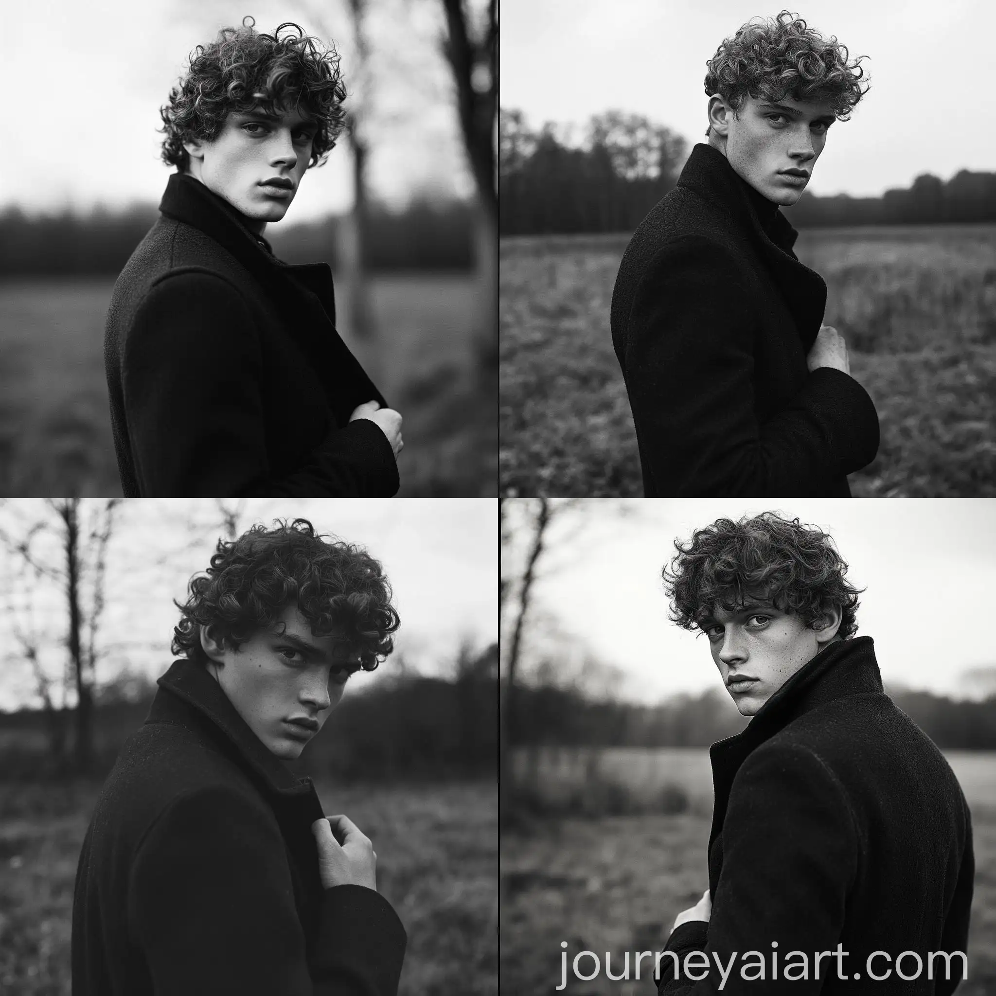 Serious-Young-Man-with-Curly-Hair-in-a-Field