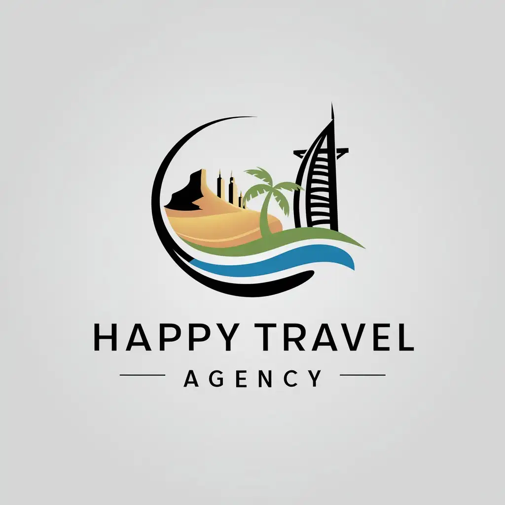 LOGO Design for Happy Travel Agency Desert Palm Island Burj Al Arab Symbolism with Clear Background