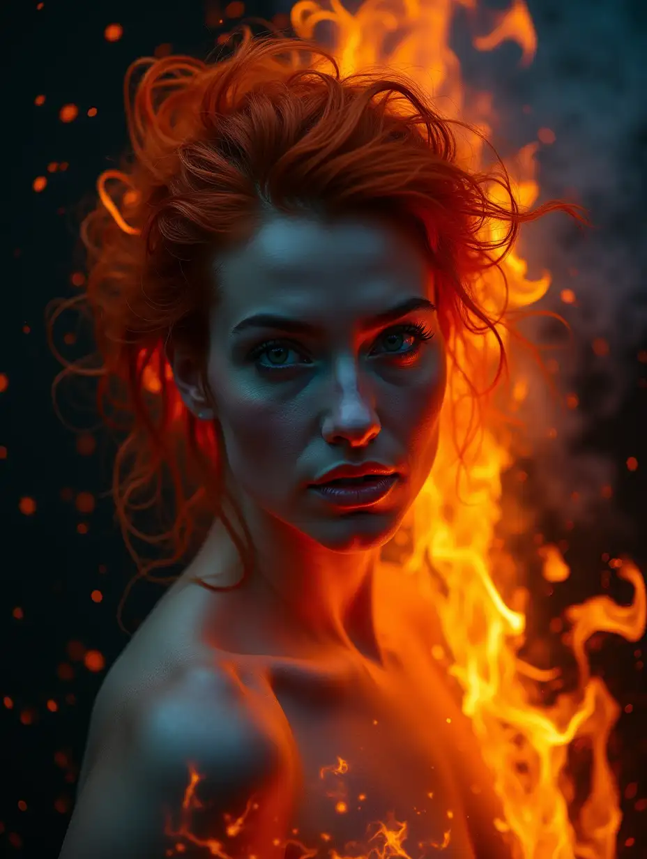 headshot of  WOMAN facing camera, woman as if made of fire, dark orange hair depicting fiery flames, orange and blue flames, dark smoke in the background, fire sparks everywhere, Diablo, lava, color explosion, volumetric lighting, metallic reflections