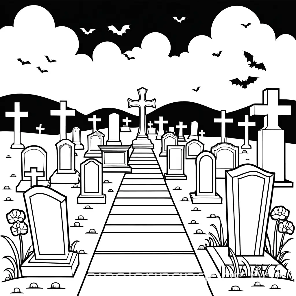 bold and easy spooky cemetery coloring page, Coloring Page, black and white, line art, white background, Simplicity, Ample White Space. The background of the coloring page is plain white to make it easy for young children to color within the lines. The outlines of all the subjects are easy to distinguish, making it simple for kids to color without too much difficulty