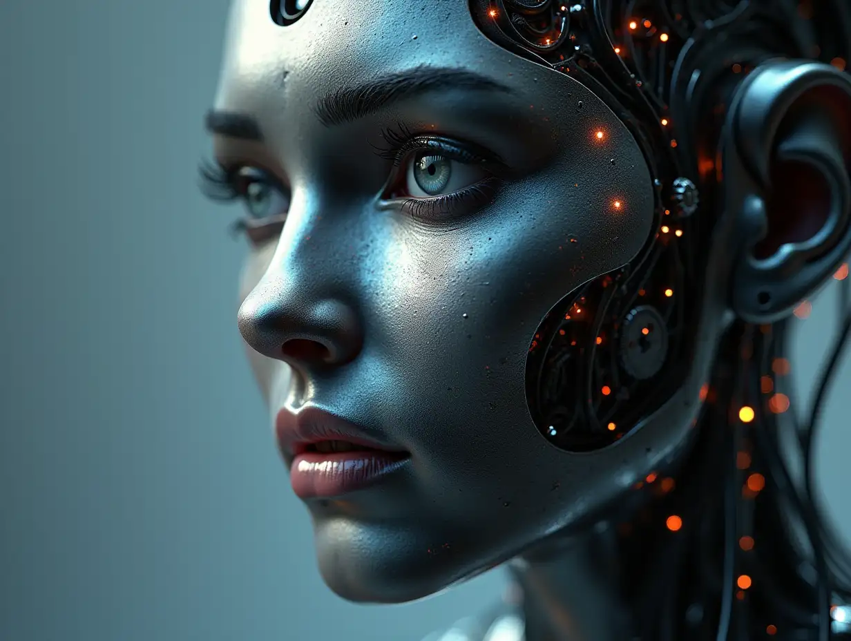 Create a high-resolution, realistic image of artificial intelligence with a metal face 3d 4k resolution