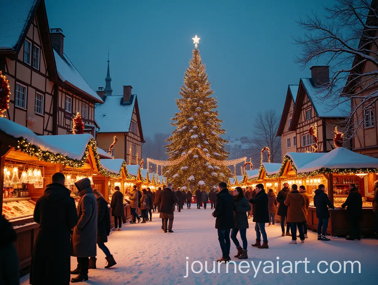 Christmas-Celebration-in-Snowy-Village-Square-with-Traditional-Market-and-Shimmering-Tree
