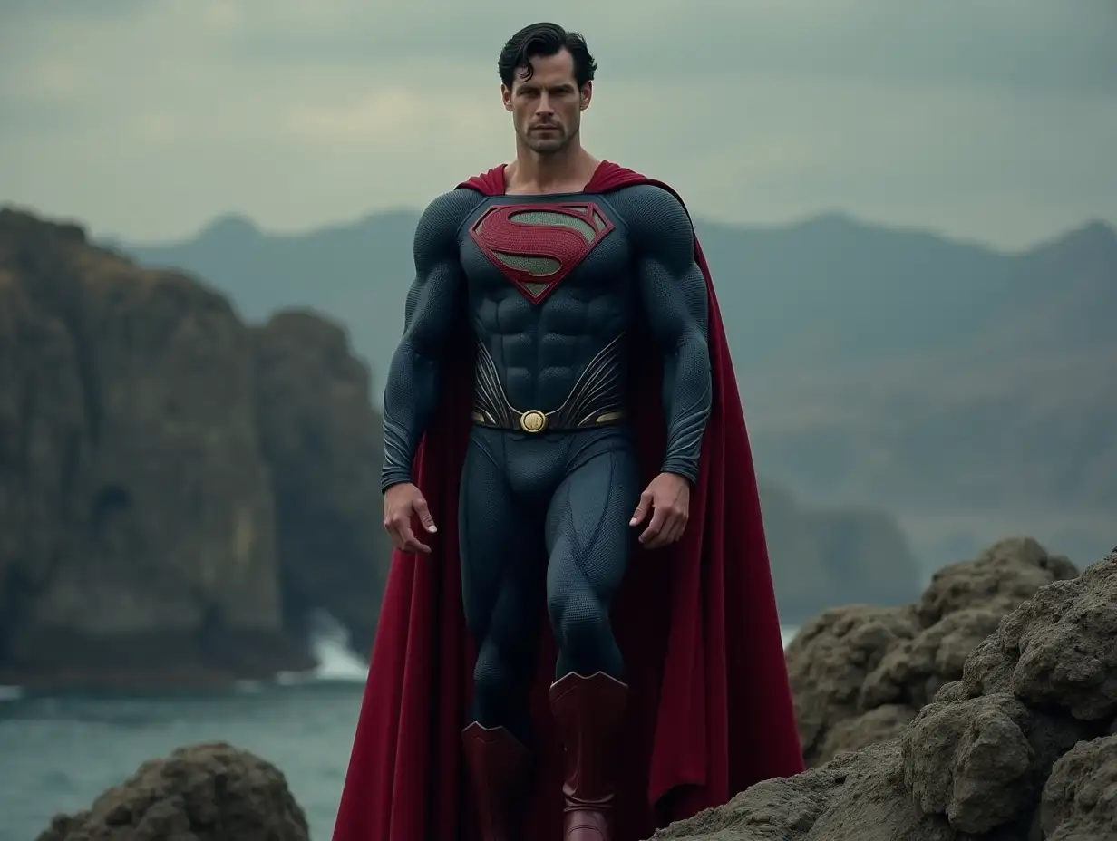 henry cavill-superman with black costume on a rock