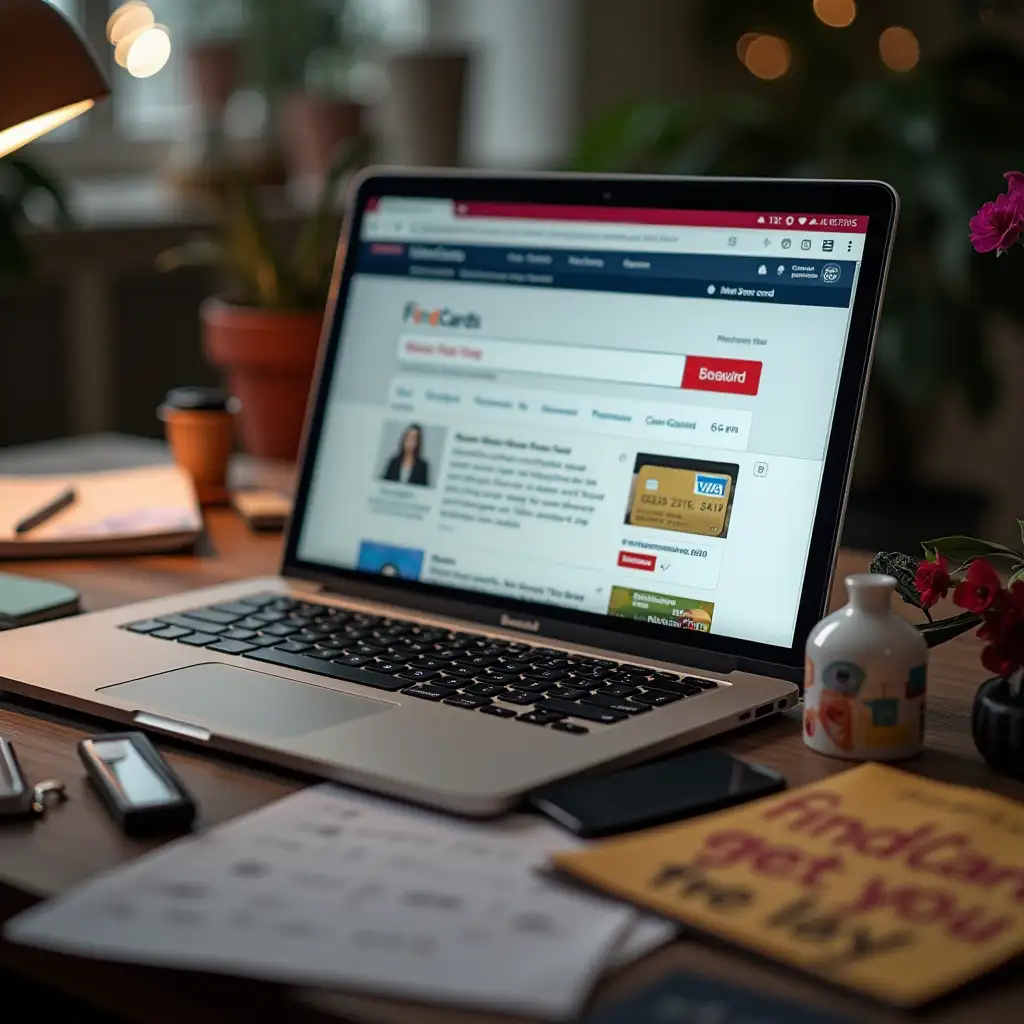 A close-up of a cluttered desk with credit card, advertisements, and her laptop open, showing a search engine with 'FindCards offers.'