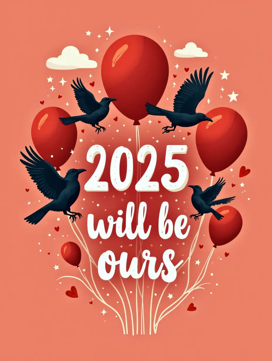 create a thumbnail for my decoration business this thumbnail in add text '2025 will be ours' and add more elements like balloons, Ravens, overall design coral red color