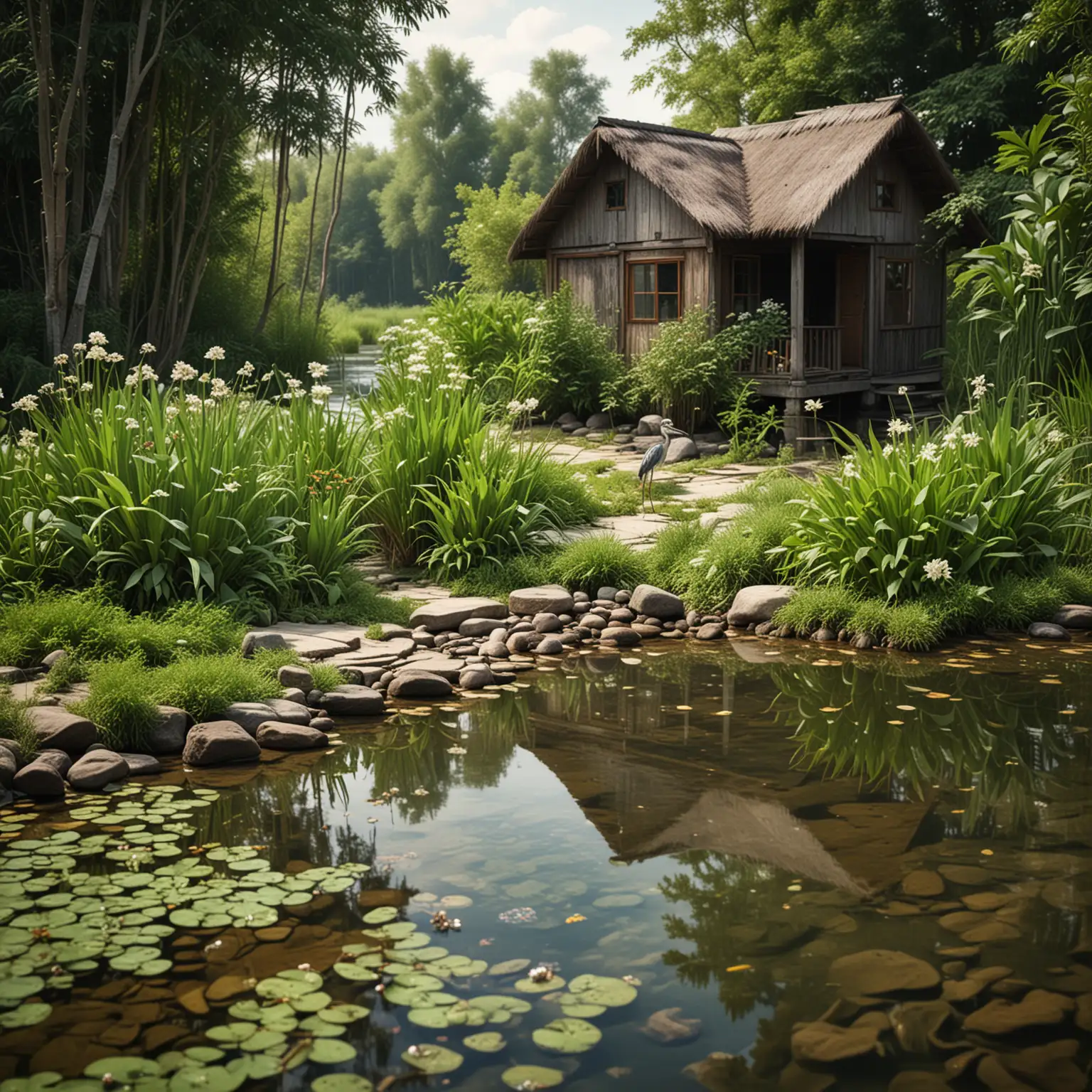 Tranquil-Wooden-House-by-Shallow-River-with-Heron-and-Water-Plants