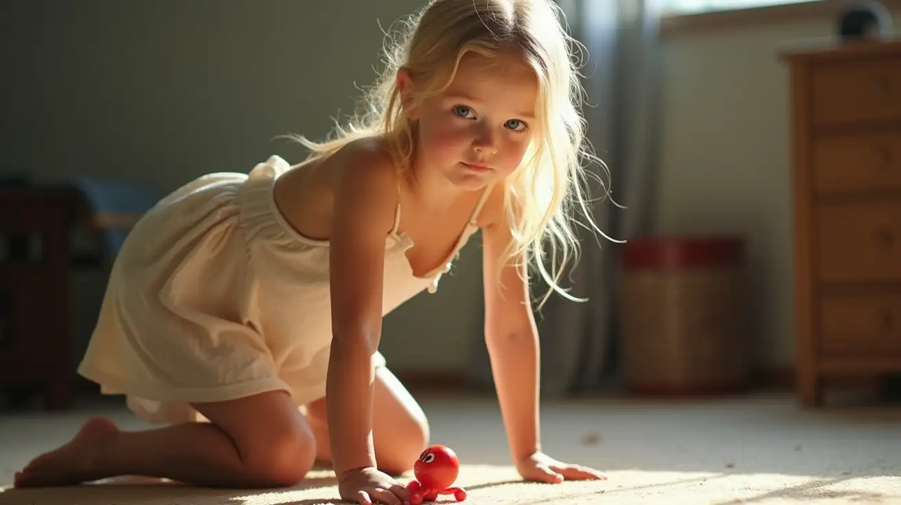 Blonde-Teenage-Girl-in-Sundress-Picking-Up-Toy-from-the-Floor