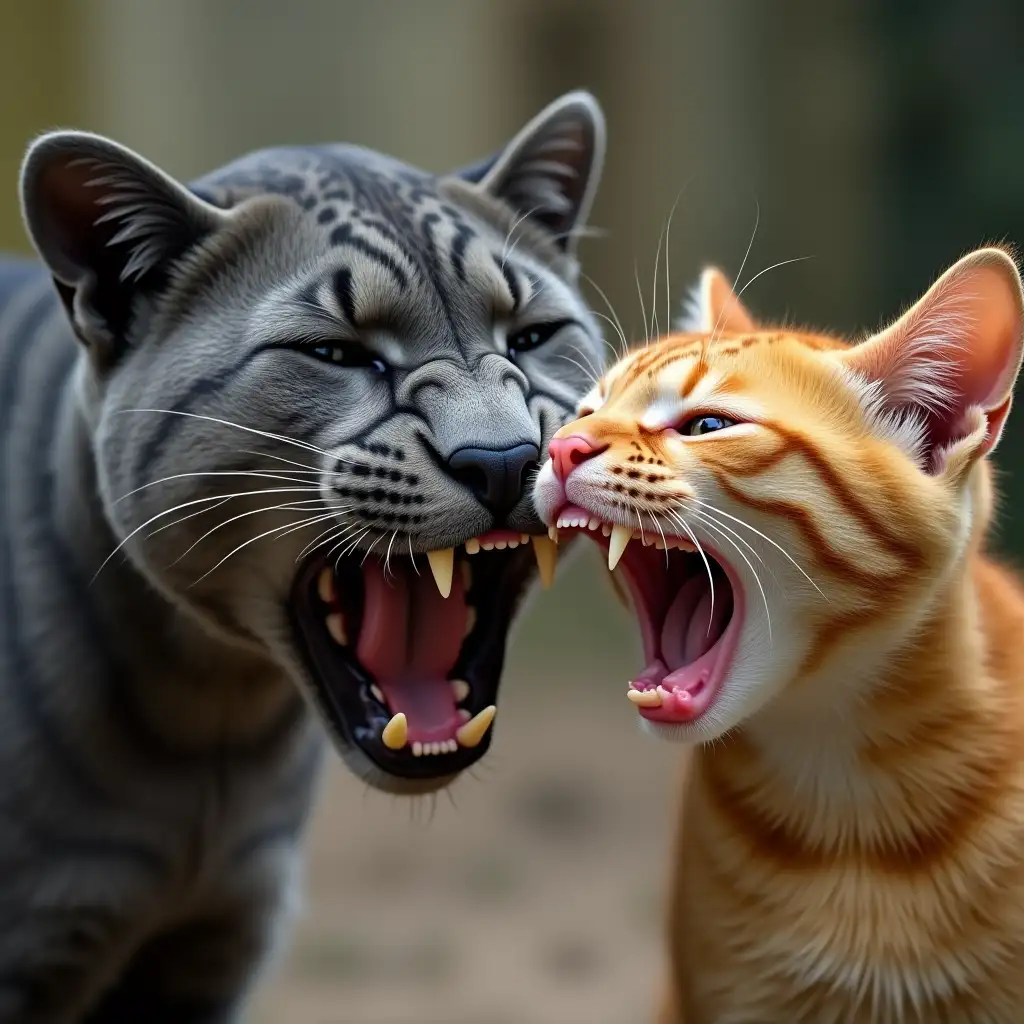 During a fight between two cats, the gray panther attacks the yellow-orange cat, clawing and damaging its face. The orange cat's mouth is open in terror and the gray cat is screaming.