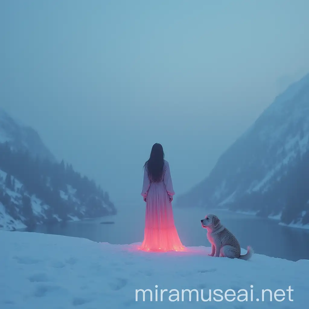 Minimal Realistic Woman with Dog in Winter Mountain Fog at Midnight