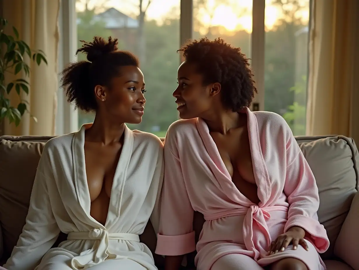 Young-African-Student-Women-Relaxing-in-Bathrobes-and-Hanging-Laundry-at-Dawn