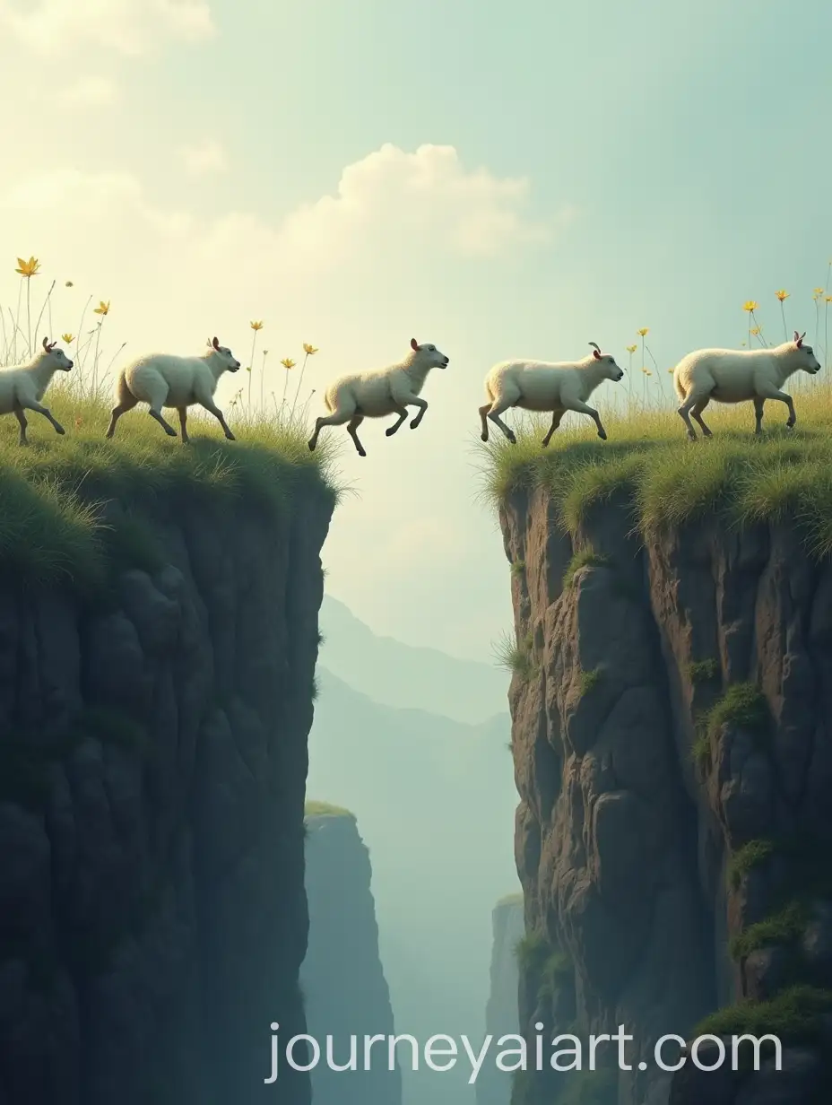 Sheep-Jumping-Over-a-Chasm-in-a-Lush-Landscape