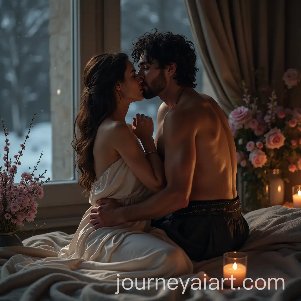 Romantic-Fantasy-Scene-in-a-Snowy-Palace-Bedroom-with-Passionate-Couple