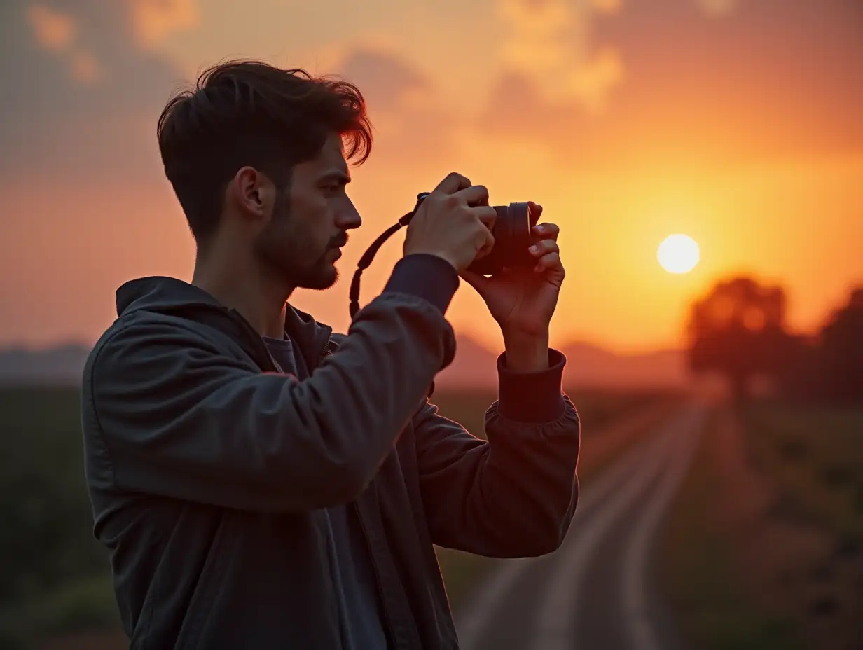 An aspiring photographer struggles with common mistakes when taking pictures. The picture shows a young man holding a mirrorless camera incorrectly, awkwardly holding it in his hands and in the wrong position. The photographer overexposes the image due to incorrect settings, and a blurry preview is visible on the camera screen. The composition is unsuccessful, with an unbalanced frame and distracting elements in the background. The man looks upset and looks at the camera screen in confusion. The background shows a dramatic sunset with an unfortunate choice of lighting, creating sharp shadows and overexposed glare. The scene should be realistic, emphasizing the learning process of photography and the common challenges faced by beginners.