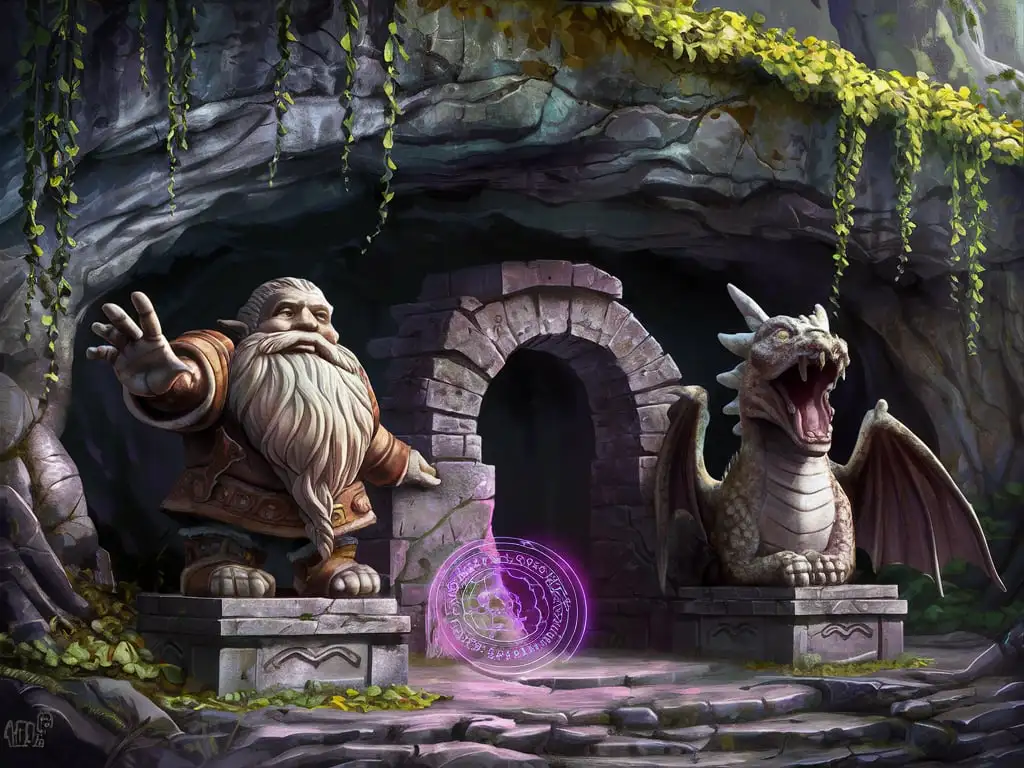 Magical-Dragon-and-Dwarf-Statue-Guardians-at-Cave-Entrance