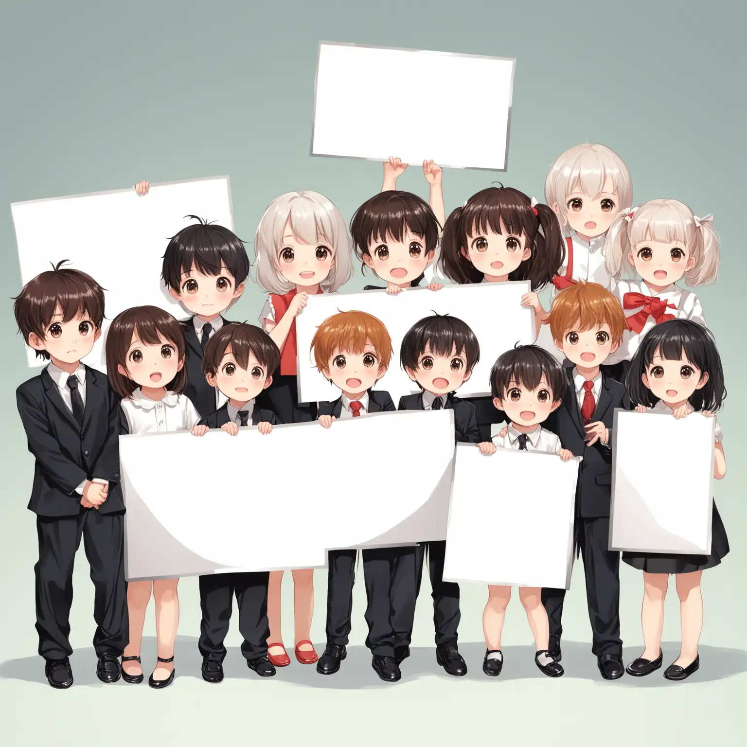 a group of small and cute girls and boys dressed in different ways, holding up a big white placard together