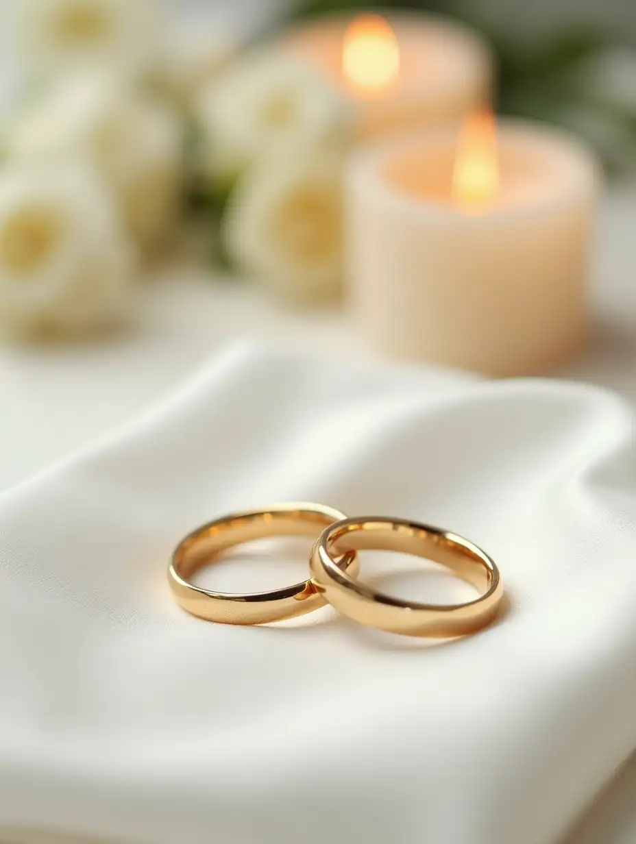 A pair of elegant gold wedding rings resting on a white silk cloth, symbolizing love and commitment. The rings are slightly overlapping, reflecting soft, warm light. In the blurred background, delicate wedding decorations such as white roses, candles, and a subtle hint of a wedding invitation can be seen. The atmosphere is romantic and inviting, conveying the message of a meaningful and well-prepared marriage. The image is designed as an advertisement for a marriage preparation course, with space for text overlay in a sophisticated font.