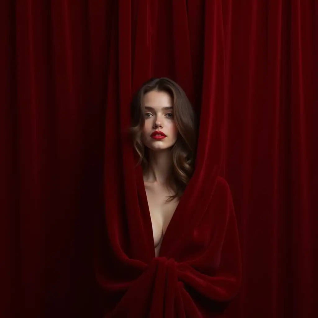 Generate a photorealistic image of a woman placed in the center with long hair covering her face, wrapped in a large red velvet curtain that fills the entire background. Ensure the image has high sharpness, soft colors, and soft light. Focus on capturing the intricate details of the curtain's texture, the strands of hair gently cascading down her back, and the subtle play of light and shadow on her features.