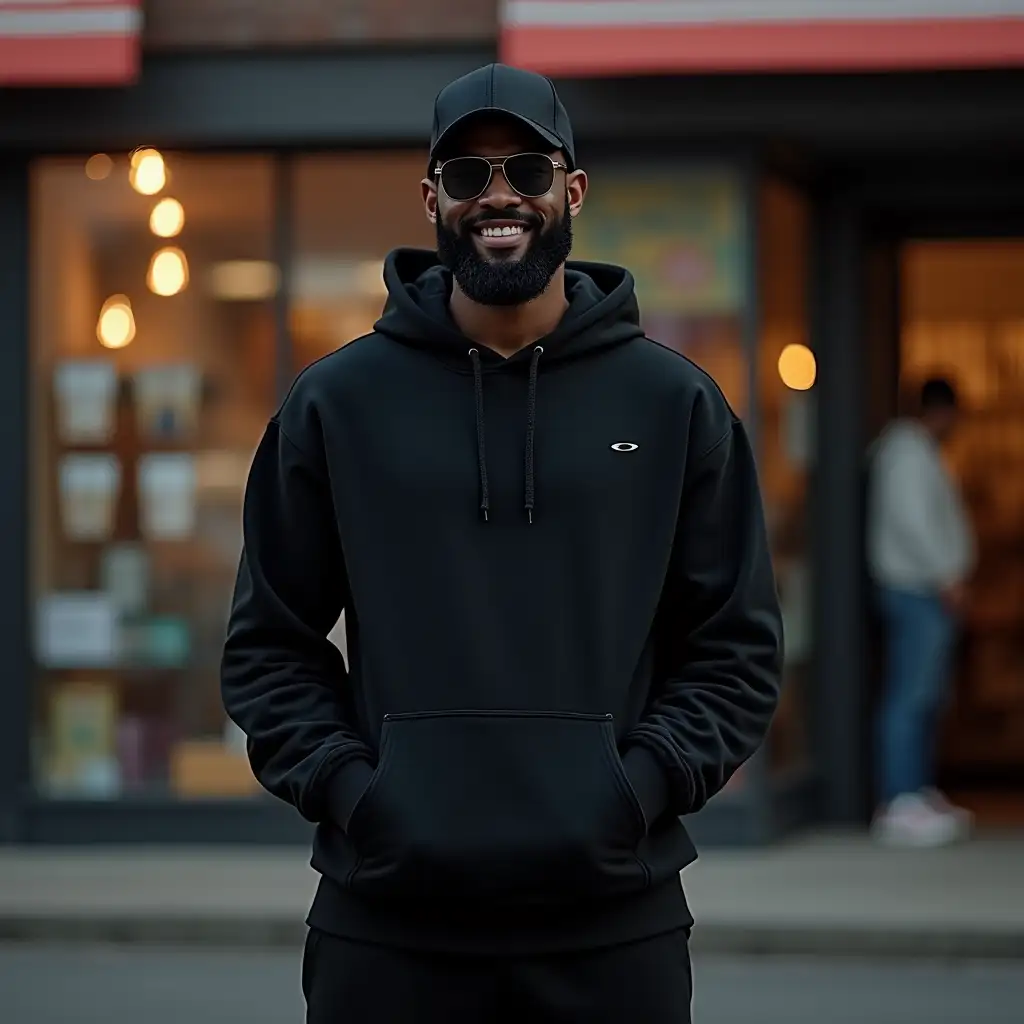 IMG_1018.CR2  front view Medium-full shot, of a smiling muscular model Black man with bald head and full black beard well groomed in a black snap-back hat, in a Black Gildan oversized 18500 Hoodie and matching color sweatpants, wearing Oakley sunglasses, standing with his shoulders straight and whole body facing the camera. in front of a bodega storefront, cinematic shot, hooded, mid-shot of a hunky, cozy setting, shot on a Canon DSLR camera, high quality, professional photography, mockup style