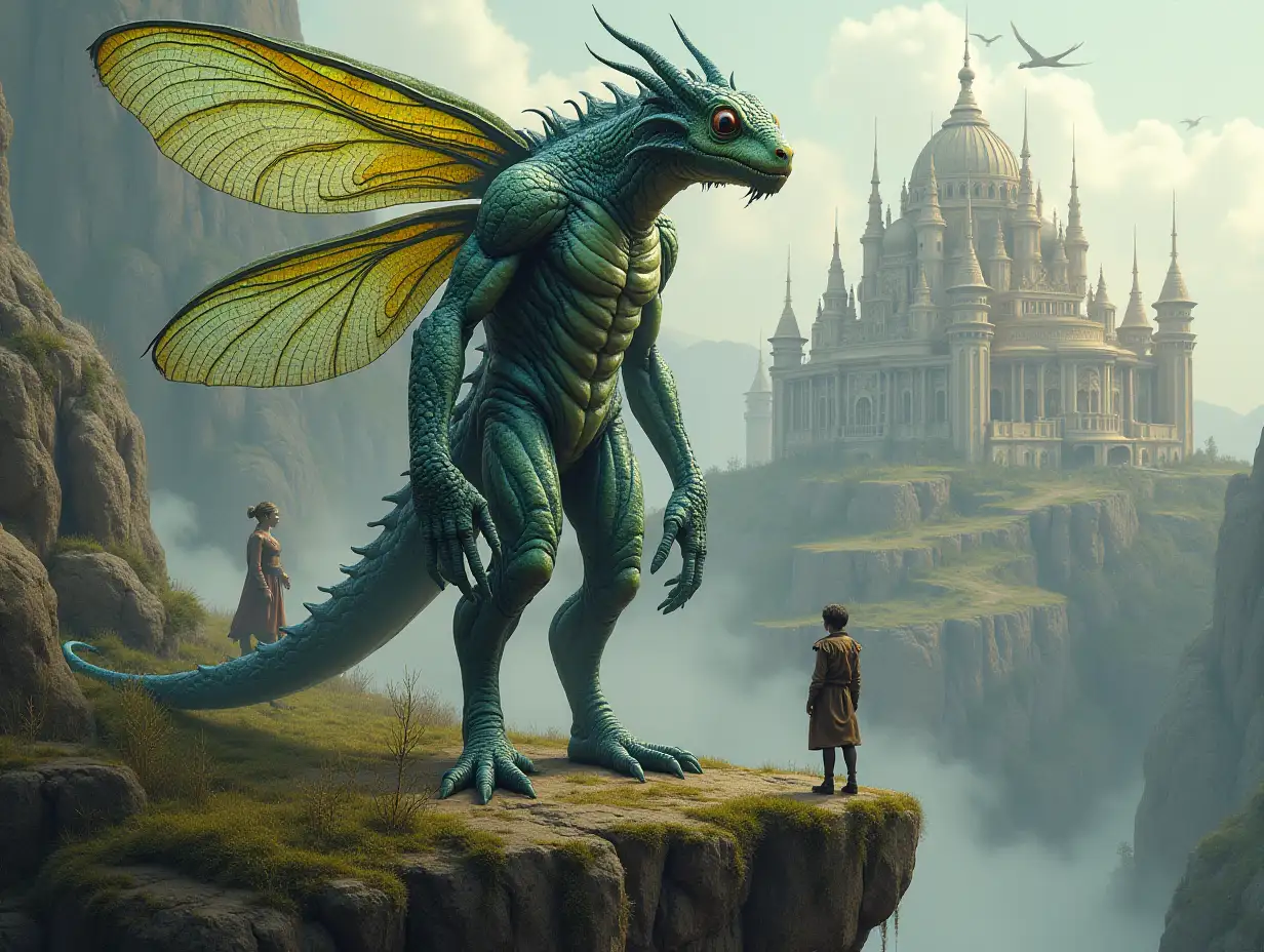 ultradetailed hyperrealistic portrait of a giant human with a dragonfly head standing on a cliff covered with moss in front of a palace with many elaborately detailed, colorful people