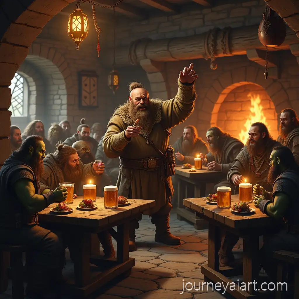 Medieval-Tavern-Scene-with-Orcs-and-Dwarves-Drinking-and-Eating