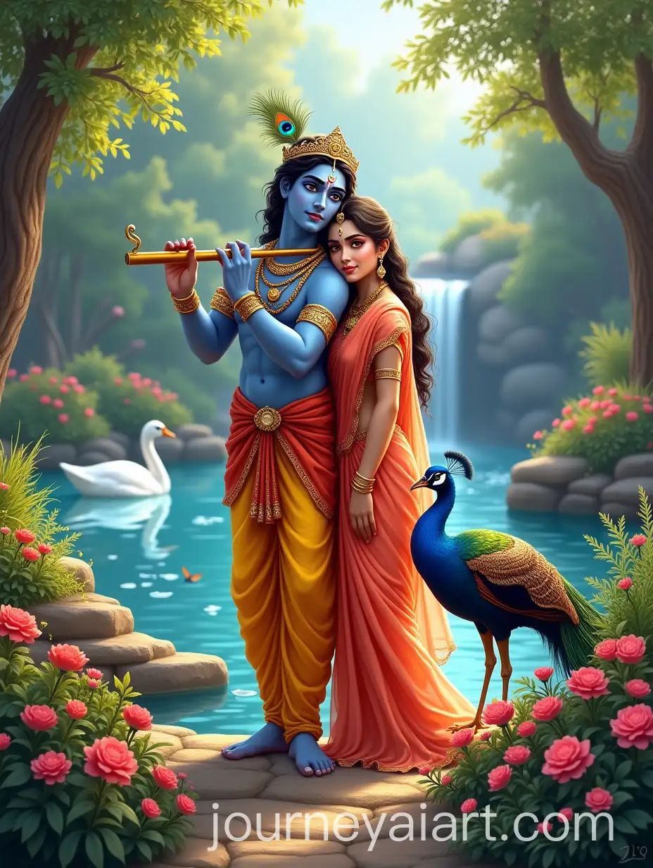 Krishna-and-Radha-in-a-Serene-Garden-with-Peacock-and-Butterfly