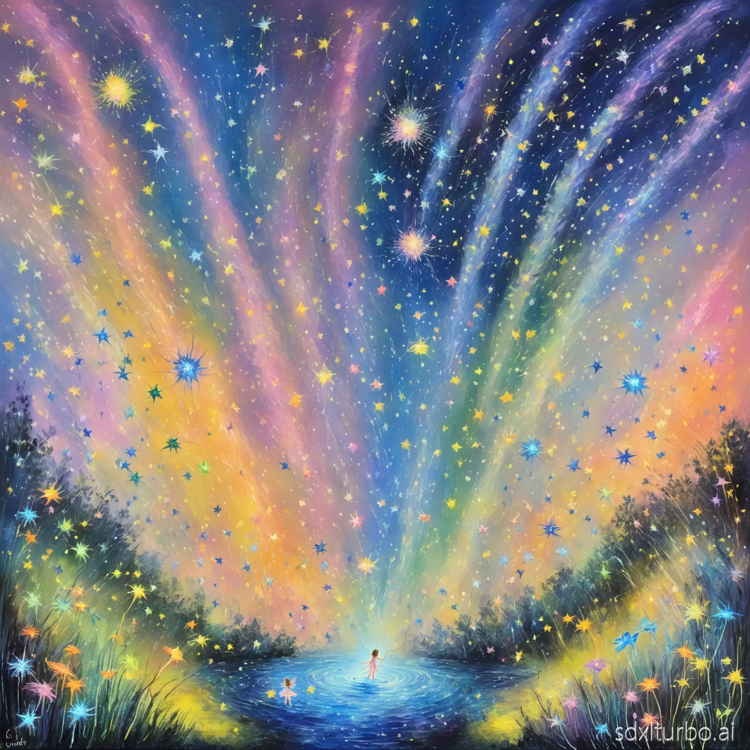 ink art of abstract ideas, tiny fairies with hover like fireflies, pastel colors, limbo, harmony, a few shooting stars streak by, paradise, fantasy, Claude Monet style, dream, wish, universe, Acrylic Fluid Painting