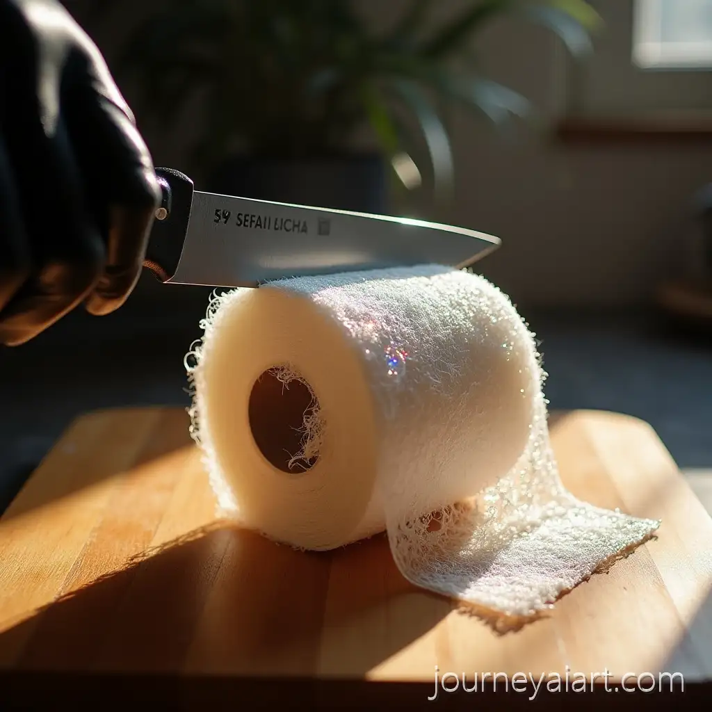 CloseUp-of-Shimmering-Glass-Steel-Wool-Toilet-Paper-Roll-with-Gloved-Hand-and-Knife