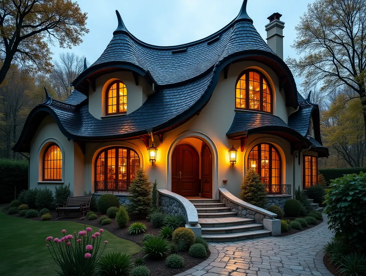 crooked house lit-with stucco in the form of plant ornamentation river, large windows with glass to, curved, smooth window shapes, winding grand entrance stairs from marble complex curved roof with dike,Lanterns,bench apple tree 4K resolution Colorful superWide-angle shots