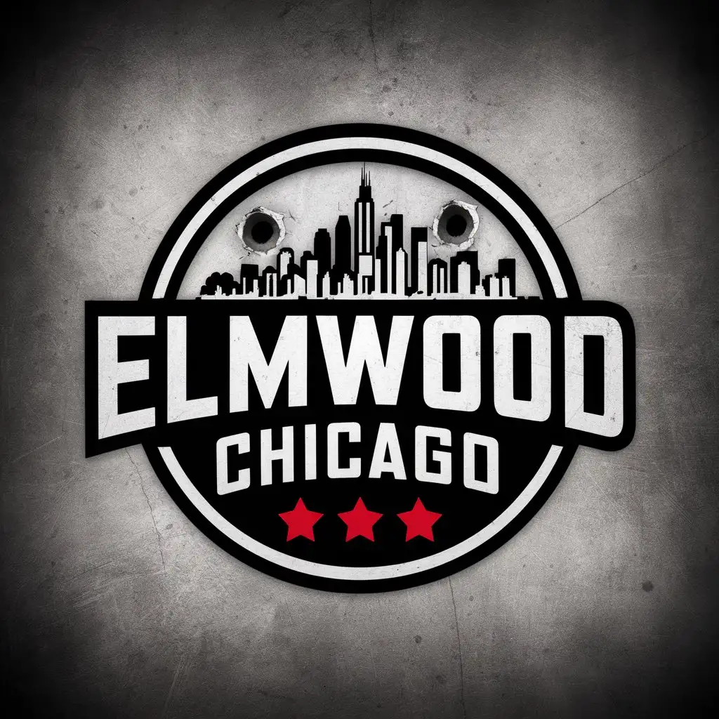 LOGO Design for ElmWood Chicago Creative 3D Text with Chicago Cityscape and Red Stars