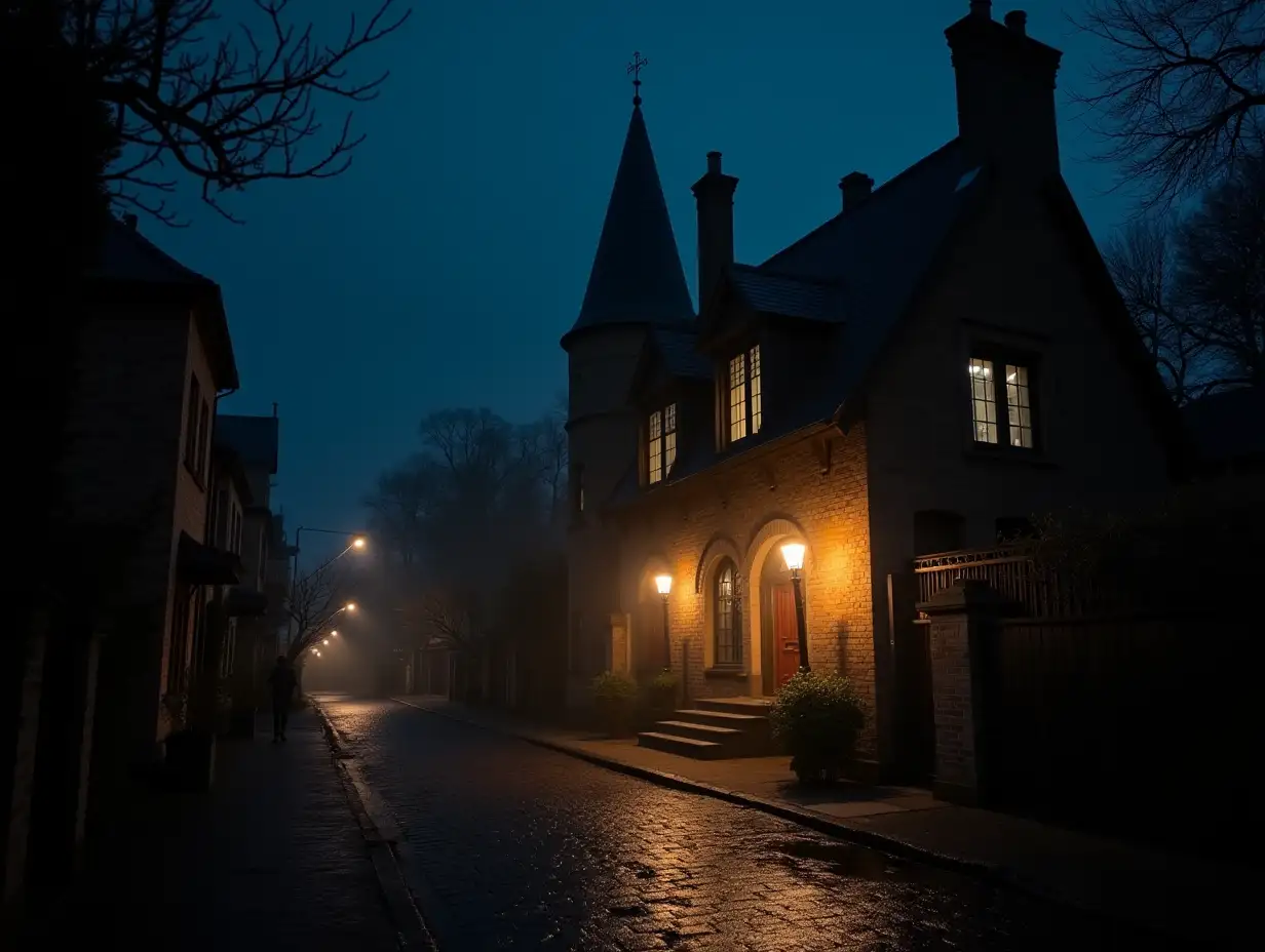 an establishing shot of the entrance to a Victorian Age town at night