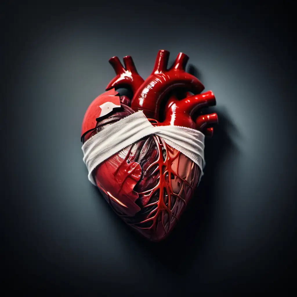 image of a real human heart broken and wounded with bloody bandages, gloomy and sad