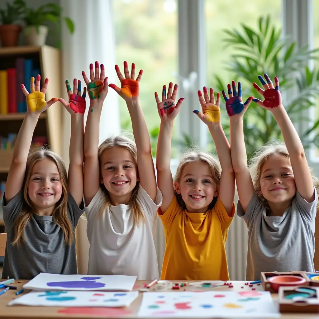 Four 13-year-old children with colored paint on their hands, raised their hands above their heads, happily interacted in a bright room. The bookshelf was filled with colorful books, and green plants added a touch of natural atmosphere. The foreground was a table with art supplies, and natural light illuminated the scene, creating a sense of creativity and fun. Real shooting, delicate,