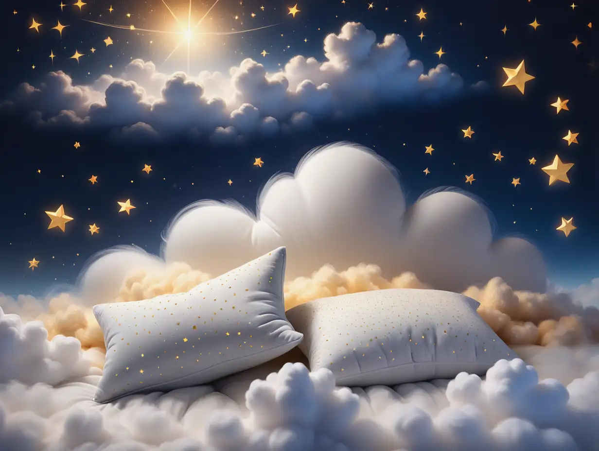 Dreamy-Surreal-Night-Sky-with-Glowing-Stars-and-Plush-Pillow-on-Soft-Clouds