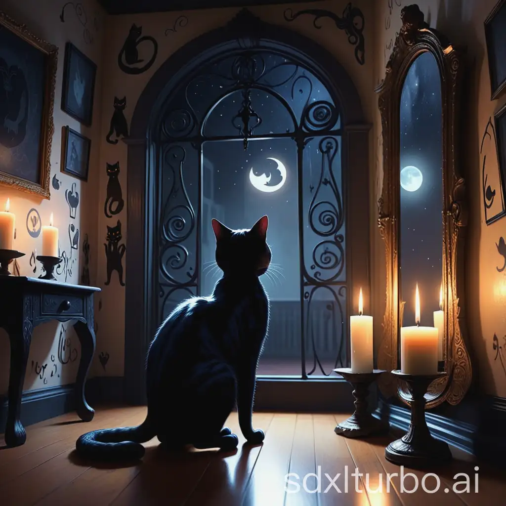 Prompt 2: The Whispering Shadows Inside the house, the room is dimly lit by flickering candles. The walls are covered with cryptic drawings of cats, moons, and strange keys. The black cat steps inside, and its reflection in the mirror changes—it’s no longer a cat but a majestic panther-like creature with shimmering fur. A ghostly whisper echoes: 'Find the key, guardian.'