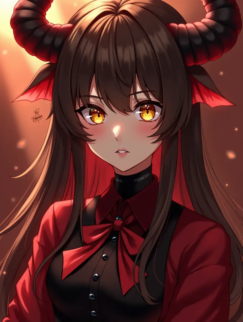 A demon girl with red and black clothes with yellow eyes and brown hair; realistic anime