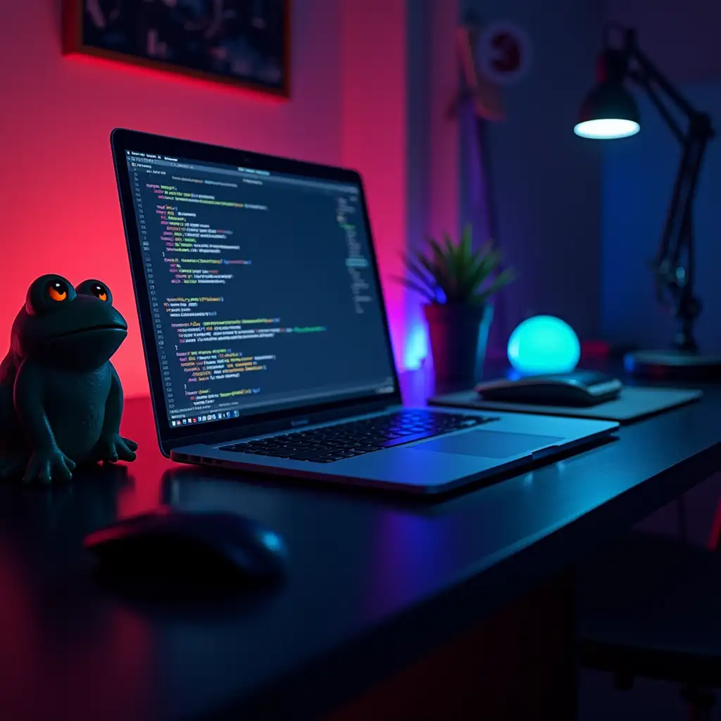 Developer's workspace, first person view, table with one macbook on it where code development is taking place and next to it a computer mouse, there is a funny frog from meme on the table. Focus on the notebook. All in neon and dark colors