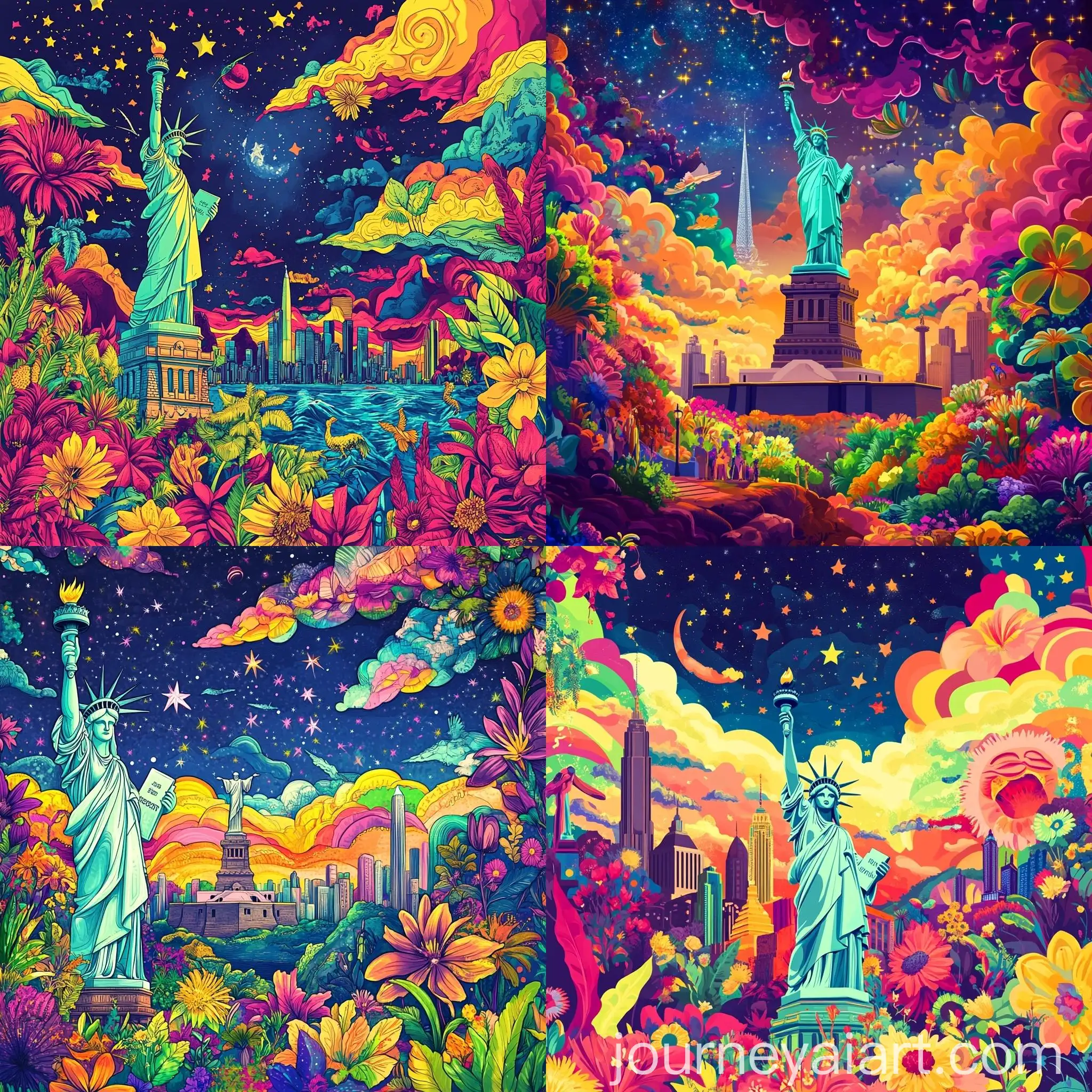 Vibrant-Journey-of-SelfDiscovery-Abroad-Statue-of-Liberty-and-Christ-the-Redeemer-Amid-Psychedelic-Colors-and-Natural-Beauty