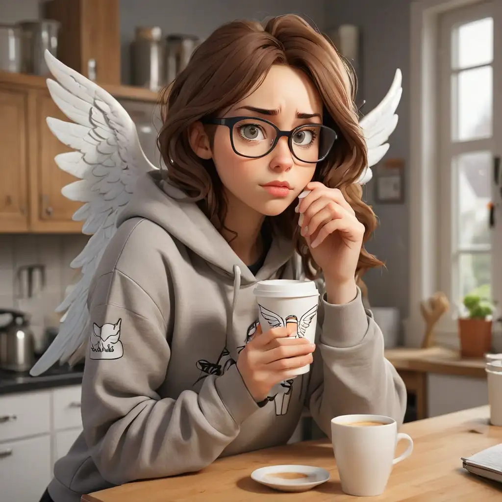 Tired-Woman-with-Angel-Wings-Drinking-Coffee-in-the-Kitchen