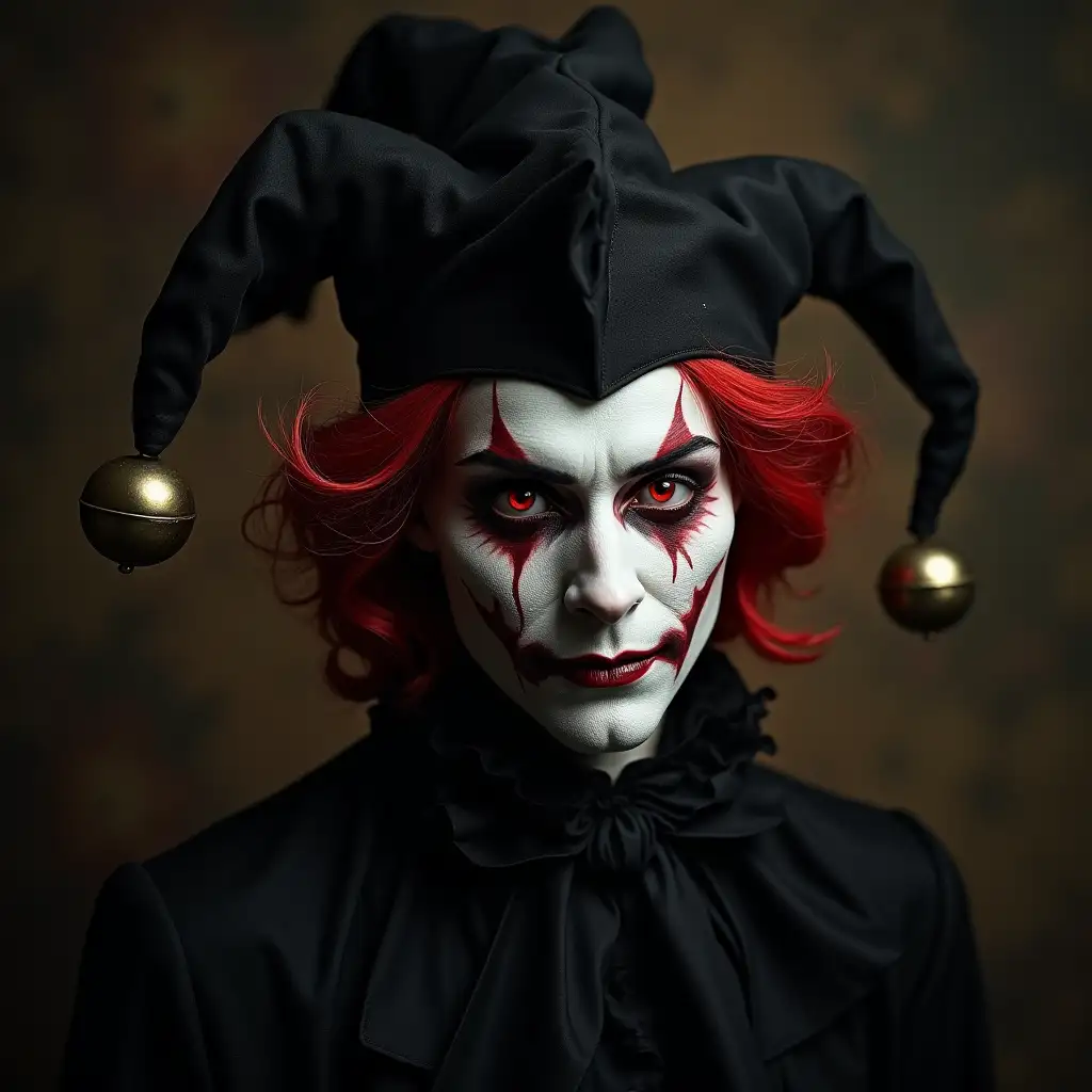 A buffoon in black clothes, in a jester's cap with 3 bells on it, with hellishly red hair and red eyes, a pale face, the nose is also white