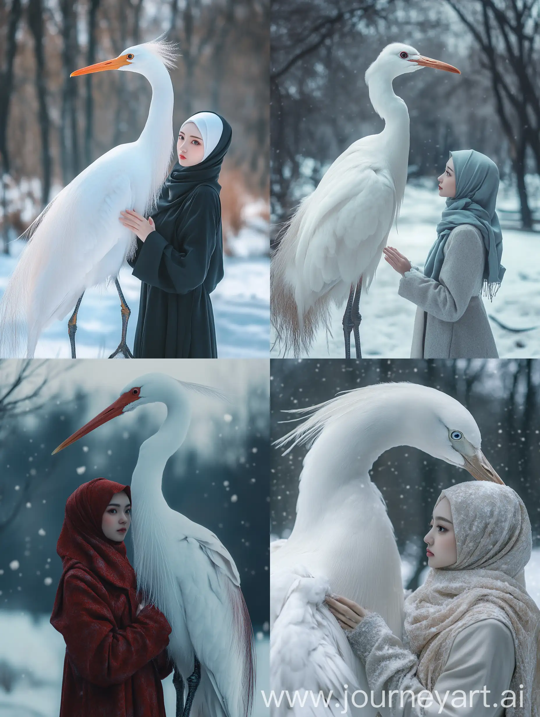 Beautiful-Chinese-Muslim-Girl-with-Snowbird-in-Winter-Wonderland