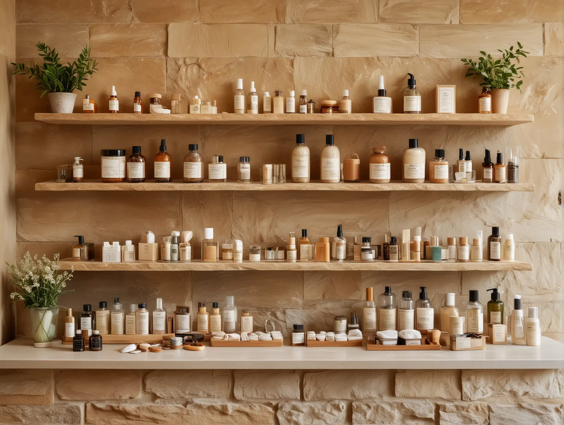 A view of the front desk of a spa featuring shelves of neatly  placed cosmetics with labels in natural tones, embodying sustainable beauty practices. The background is a beige stone wall with shelves displaying glass bottles filled with organic body care products.  Warmth and ambiance. Soft lighting highlights textures and colors, creating a serene atmosphere for self-care moments.