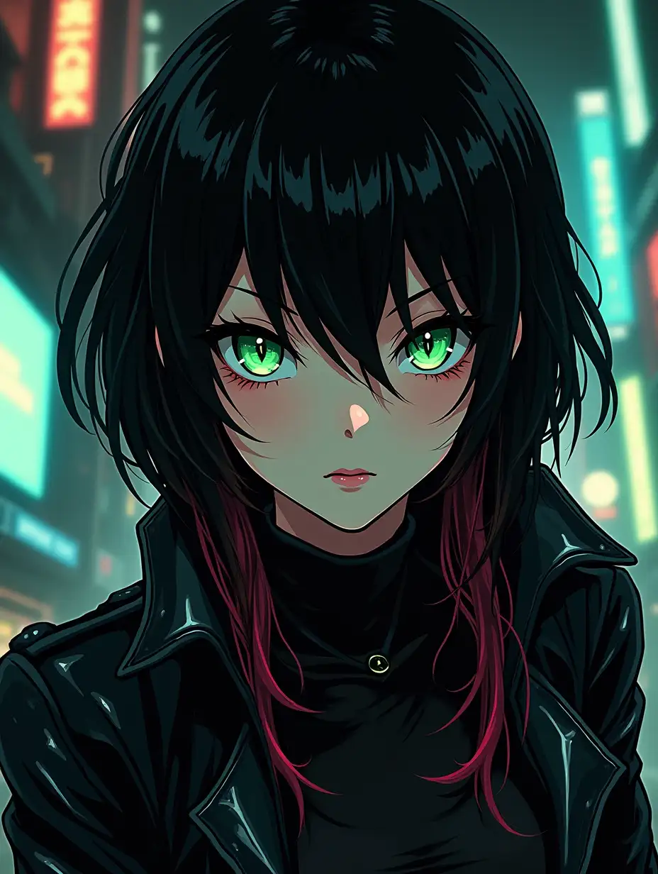 gorgeous cyberpunk woman in retro anime style, black hair with multicolored strands, ink 2d art, perfect wide open green eyes, pale skin, (from below angle shot:1.3), leather suit under jacket, illustration, cinematic dark neon tones, masterpiece, anime, detailed, best quality, by makoto shinkai , non-realistic