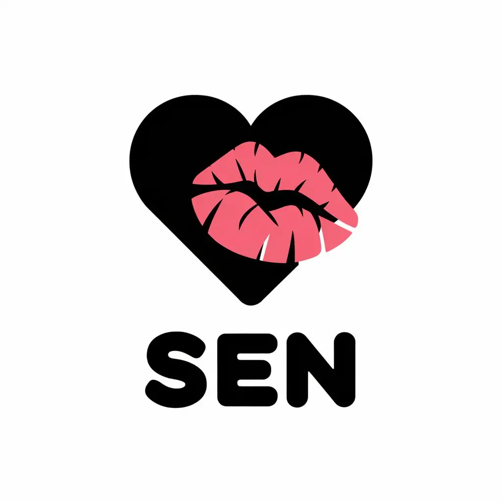 a vector logo design,with the text "SEN", main symbol:A black heart with a kiss,Moderate,be used in Internet industry,clear background