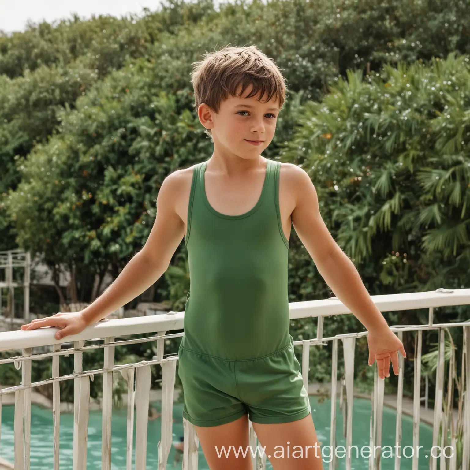 a young boy standing on a balcony, wearing a green swimsuit. He is posing confidently for the camera, with his hands on the railing. The boy appears to be enjoying his time outdoors, possibly at a pool or beach