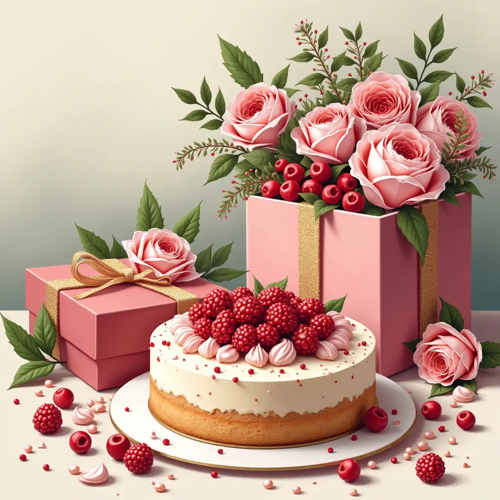 Beautiful postcardnVector drawingnAbundant holiday tablenIn the foreground, a cake decorated with berries.nFlowers in a beautiful gift box.nNatural colors, pink pearls, gold.nGift boxesnBeautiful, food.