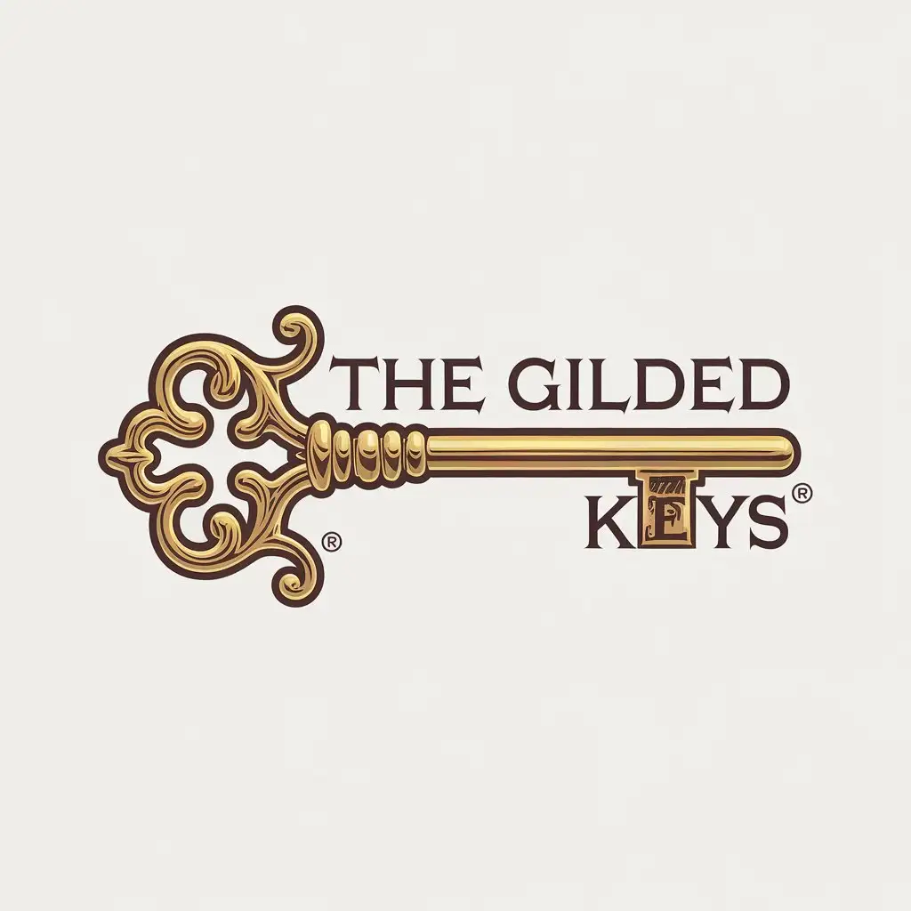 LOGO Design for The Gilded Keys Gold Skeleton Key with Ornate Details and Crest Theme