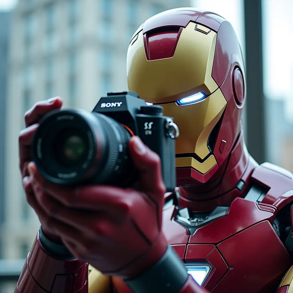 Iron-Man-Holding-Sony-Camera-in-Stark-Building-with-Thoughtful-Expression