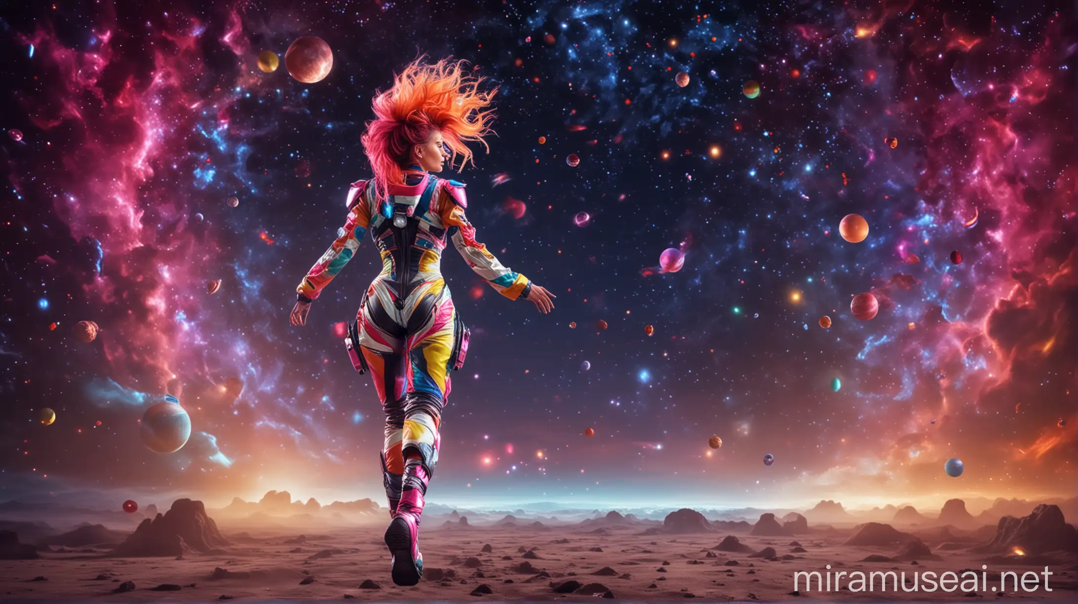 Futuristic Fitness Model Dancing Under a Colorful Night Sky