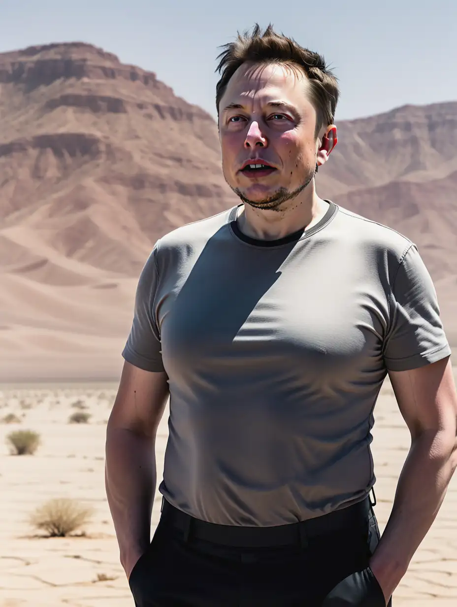Elon Musk standing in the desert at full height, serious face, tense, mocking